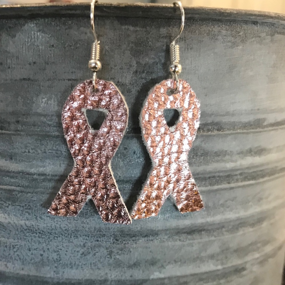 Breast cancer. Rose pink faux leather earrings.